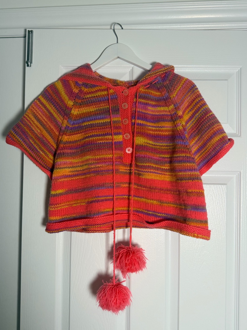 Multicolor Striped Knit Hooded Poncho Sweater Pom Pom Cape Y2K